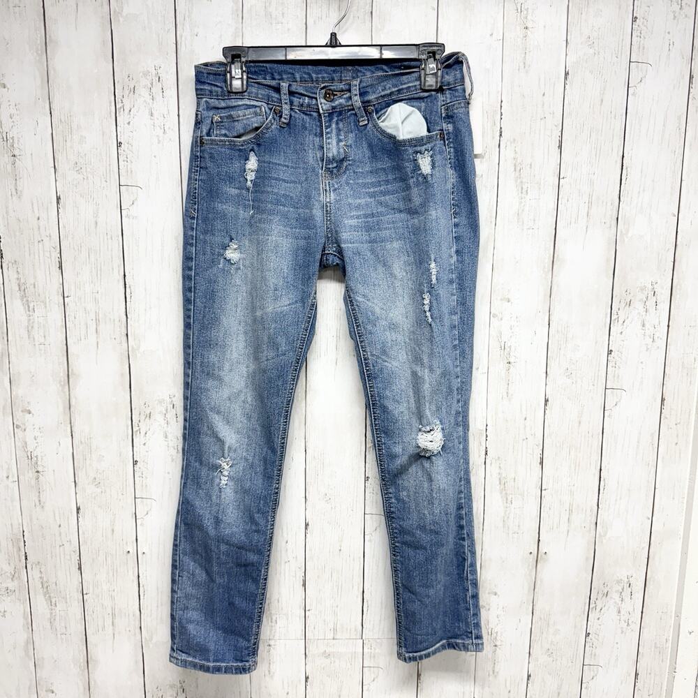 Boutique Pants Women Size 6 Light Wash Blue Denim Distressed‎ Straight Jeans Zip